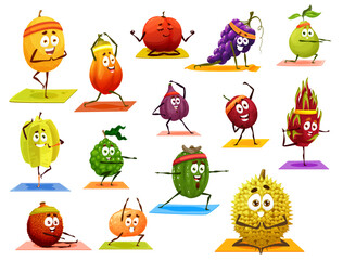 Cartoon isolated fruit characters on yoga, pilates fitness sport. Melon, mango and grape, guava, carambola and bergamot, orange, kiwi and lychee, orange, durian and pitaya doing exercises on yoga mat
