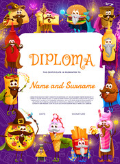 Kids diploma, fast food cartoon wizard and mage characters vector certificate of appreciation. Education award or gift with fast food personages. Funny diploma with burger, pizza, fries and chicken
