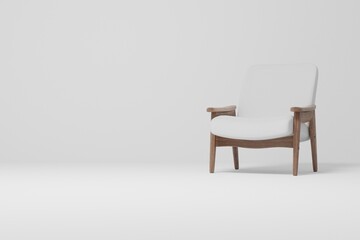 Vintage wooden armchair with white upholstery 3d render mockup.