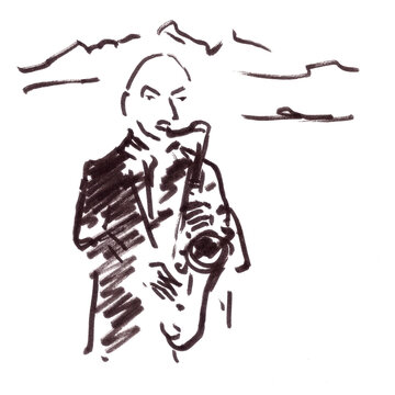 saxophonist on the background of mountains, graphic black and white drawing
