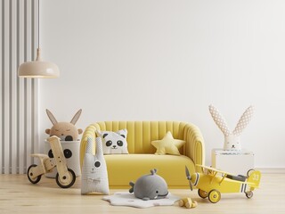 Mockup wall in the children's room with yellow sofa on wall white colors background.