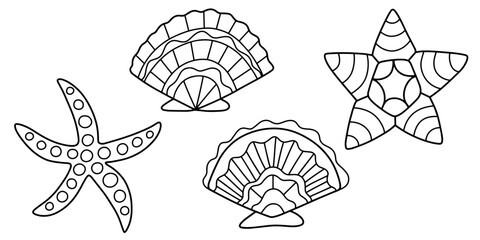 Four hand-drawn linear seastars and seashells vector illustration. Cartoon marine elements black outline isolayed on white. Cartoon coloring page for kids and adults on sea time theme