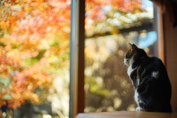 A tabby cat sitting against the background of autumn leaves