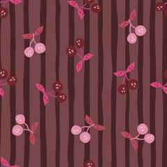 Hand drawn cherry berries and leaves seamless pattern. Hand drawn cherries wallpaper. Fruits backdrop.