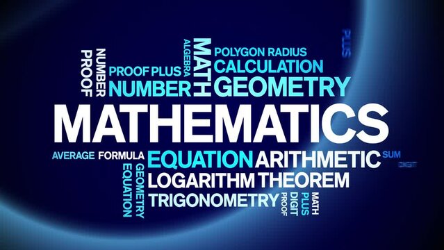 Mathematics animated tag word cloud;text design animation kinetic typography seamless loop.