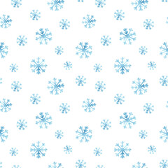 Watercolor seamless pattern with blue snowflakes on a white background, winter pattern
