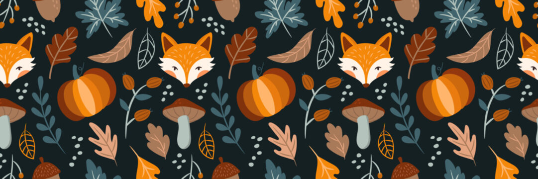 Seamless long cozy autumn pattern with fox, pumpkin, mushrooms, leaves.