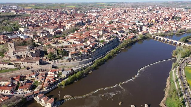 Aerial photo of Zamora with view of Duero River. Castile and Leon, province of Zamora.