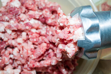 Minced meat and meat grinder. Twisted the meat into minced meat.