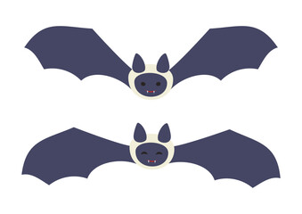 羽ばたいて飛んでいる、かわいい笑顔のコウモリのイラストセット　ハロウィン、ホラー、洞窟の生き物
