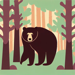 Naklejka premium Bear character on meadow in forest wood composition. flat cartoon graphic design illustration