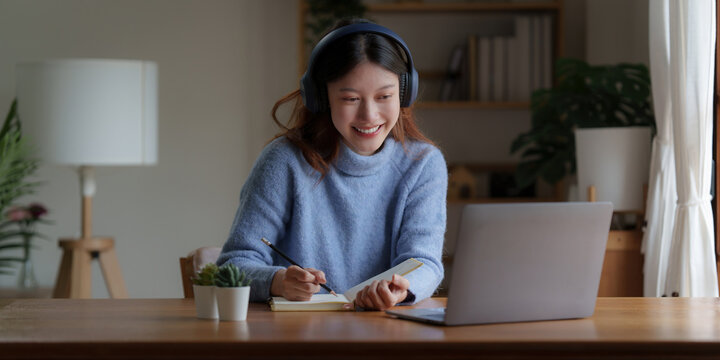 Young college student have question and answer to teacher by video call E-learning, online, education concept