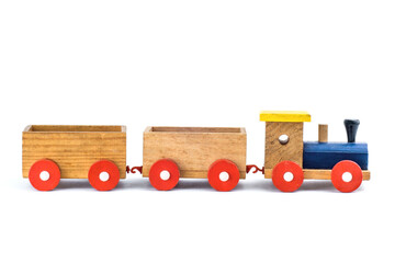 Children s toy wooden steam locomotive without load. It is isolated on a white background