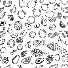 Garden fruits. Seamless pattern. Edible food plants. Monochrome drawing. Hand drawing outline. Isolated on white background. Vector
