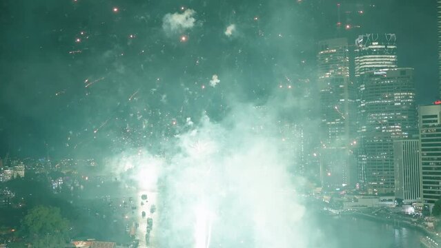 4K Bright Firework Entertainment Over Brisbane City River And Buildings For Riverfire