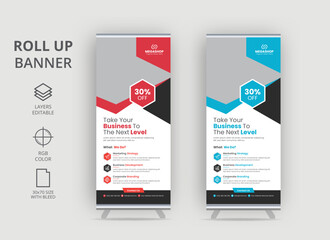Modern Roll-Up Banner Design. Advertising Stand Banner Template for Conferences, Seminars, Business Presentations, Roll-up banner design, background for placing advertising information.