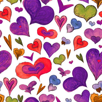 watercolor pattern of colorful hearts on a white background, valentines for a special day	