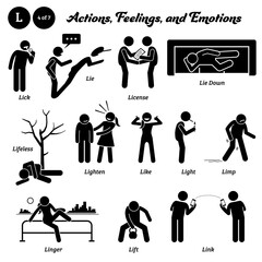 Stick figure human people man action, feelings, and emotions icons alphabet L. Lick, lie, license, lie down, lifeless, lighten, like, light, limp, linger, lift, and link. - obrazy, fototapety, plakaty