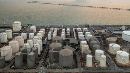 Aerial view chemical storage tank on sea at oil terminal station, Chemical plant petroleum and...