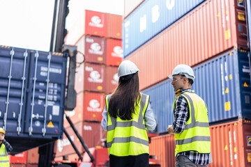 Caucasian business man and woman worker working in container terminal.