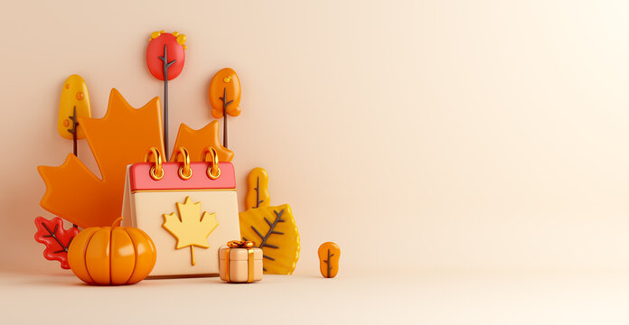 Autumn decoration background with calendar, pumpkin, orange leaves, gift box, acorn, trees copy space text, 3d rendering illustration