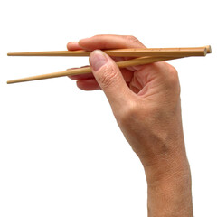 Man's hand holding chopsticks isolated