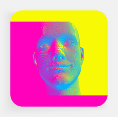 Portrait of smiling man. Abstract digital human head constructing from cubes. Technology and robotics concept. Voxel art. 3D vector illustration for presentations, flyers or posters.