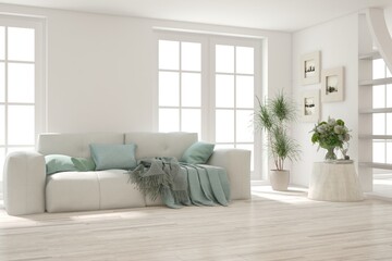Fototapeta premium Soft color living room with sofa. Scandinavian interior design. 3D illustration