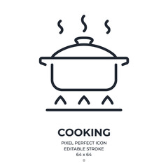 Cooking pot and boiling editable stroke outline icon isolated on white background flat vector illustration. Pixel perfect. 64 x 64.