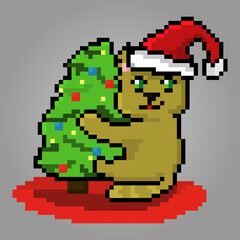 Pixel cute cat on christmas tree playing