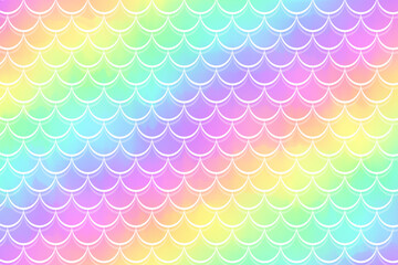 Mermaid rainbow background with scales. Iridescent glitter fish tail pattern. Marine holographic backdrop. Kawaii vector texture © Chorna_L