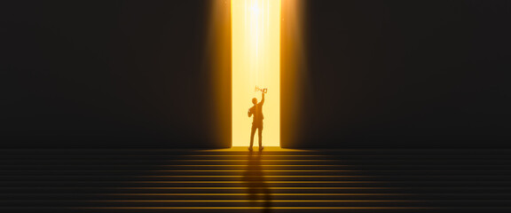 Silhouette of businessman celebrating raising arms on the top stairs with over sunlight.concept of...