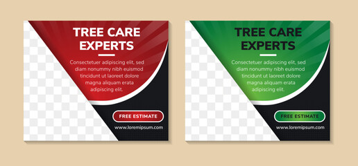 set of vector abstract horizontal banner with red and green gradient elements in black modern background. tree care experts flyer design template with space for photo collage. dot halftone pattern.