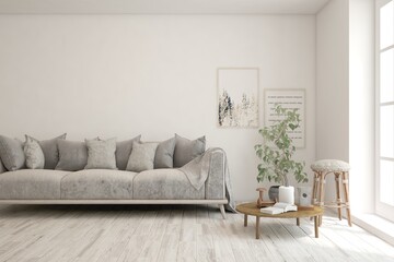 Fototapeta premium White living room with sofa. Scandinavian interior design. 3D illustration