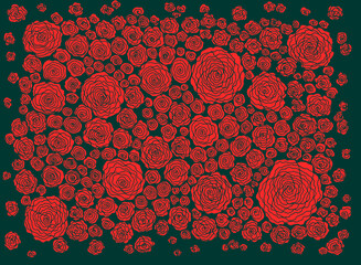 Floral doodle background pattern with roses. Red and green line art. Zendoodle garden ornament. Flowers on the dark green backdrop. Line artwork