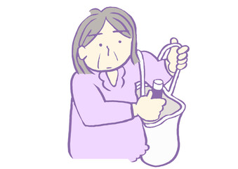前頭側頭型認知症　ピック病　脱抑制により万引きする高齢女性のイラスト