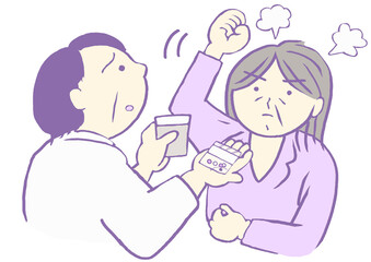 内服をすすめる家族と拒薬する重度認知症の女性のイラスト