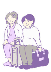 認知症病棟へ入院する高齢女性と穏やかな表情の家族のイラスト