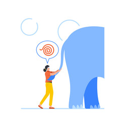 Blindfolded Woman Touching An Elephant Tail. Blind Female Character with Wrong Perceptions, Impressions, Ideas, Beliefs