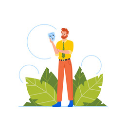 Fake Feelings and Relationships Concept. Business Male Character Hide Real Emotions Under Mask. Man Put Mask at Work