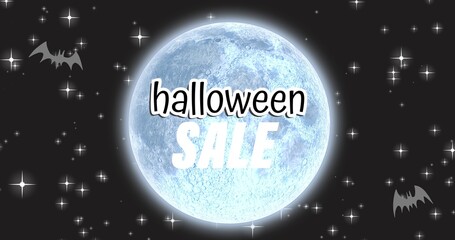 Composition of halloween sale text over stars on black background