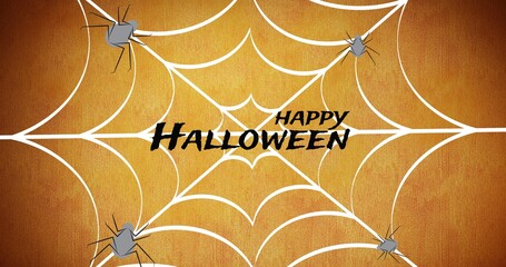 Composition of happy halloween text over web and spiders on orange background