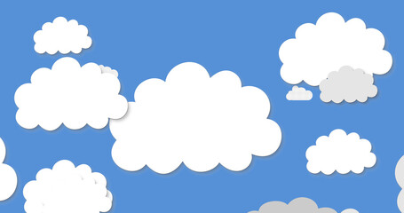 Image of spaceship rocket taking off with cut outs of white clouds