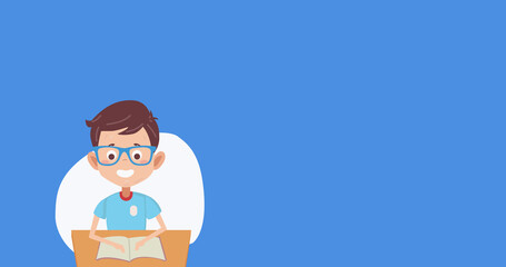 Image of pictogram of male student with school icons moving on blue background