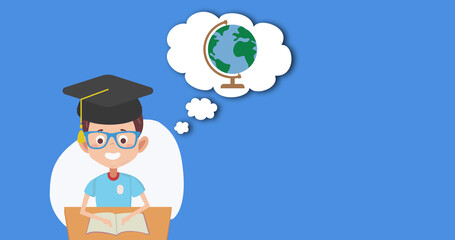 Image of pictogram of male student with school icons moving on blue background