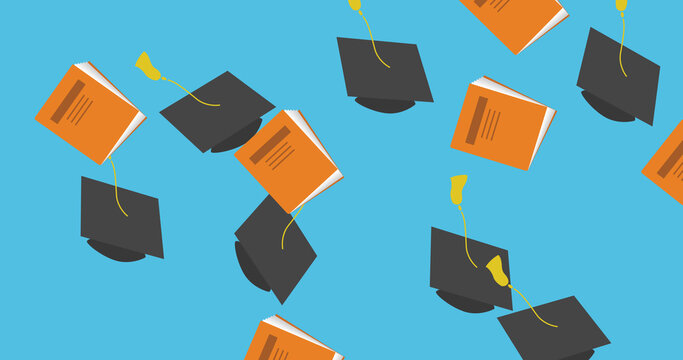 Image of graduation college university hats and notebooks falling on blue background