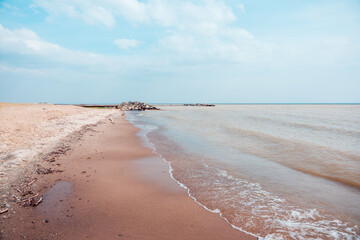 Beautiful seashore in warm in the autumn day. Sea landscape.