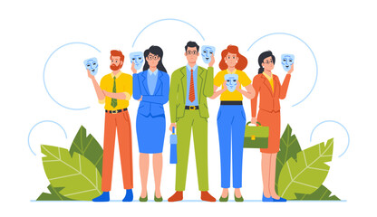 Business Male and Female Characters Stand in Row Hiding Faces Behind Social Masks With Fake Emotions. Bias Men and Women