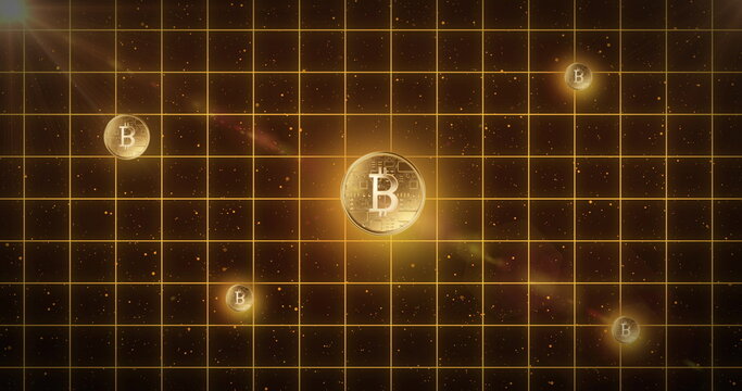 Five golden bitcoins over yellow grid against space