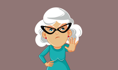 Senior Woman Making a Refusal Gesture Vector Cartoon Illustration. Stressed elderly woman feeling angry making a stop sign
